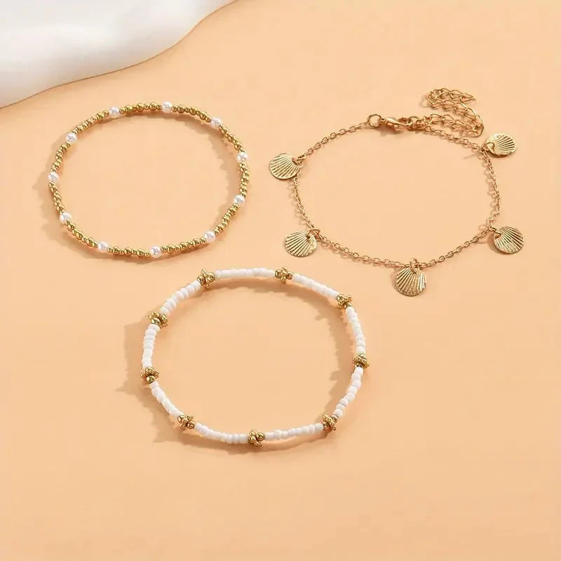 3pcs Retro Pearl Beads Anklet for Women Fashion Handmade Shell Butterfly On Foot Bracelet Bohemian Summer Beach Jewelry Gifts