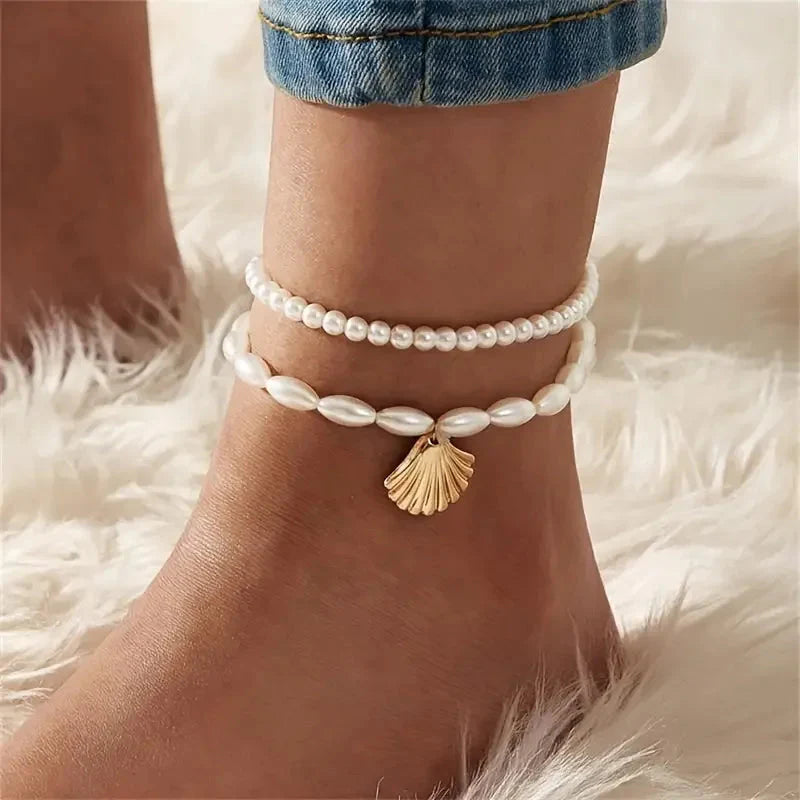 3pcs Retro Pearl Beads Anklet for Women Fashion Handmade Shell Butterfly On Foot Bracelet Bohemian Summer Beach Jewelry Gifts