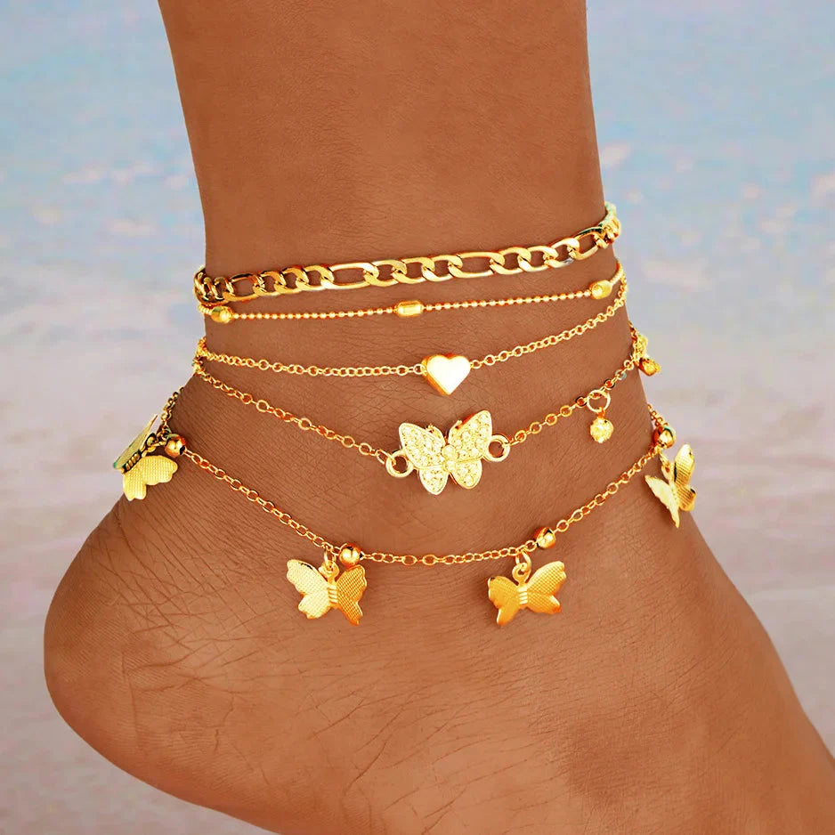 3pcs Retro Pearl Beads Anklet for Women Fashion Handmade Shell Butterfly On Foot Bracelet Bohemian Summer Beach Jewelry Gifts